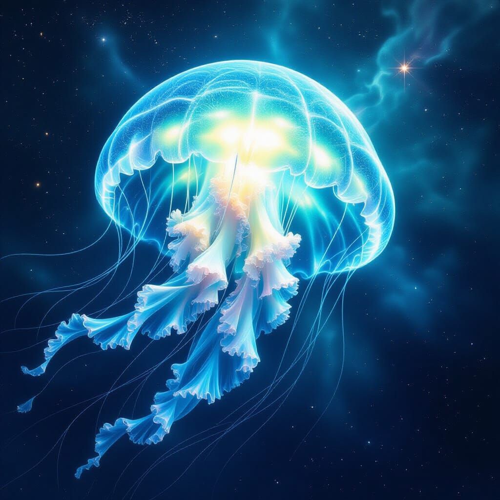 Bioluminescent Jellyfish in Cosmic Nebula