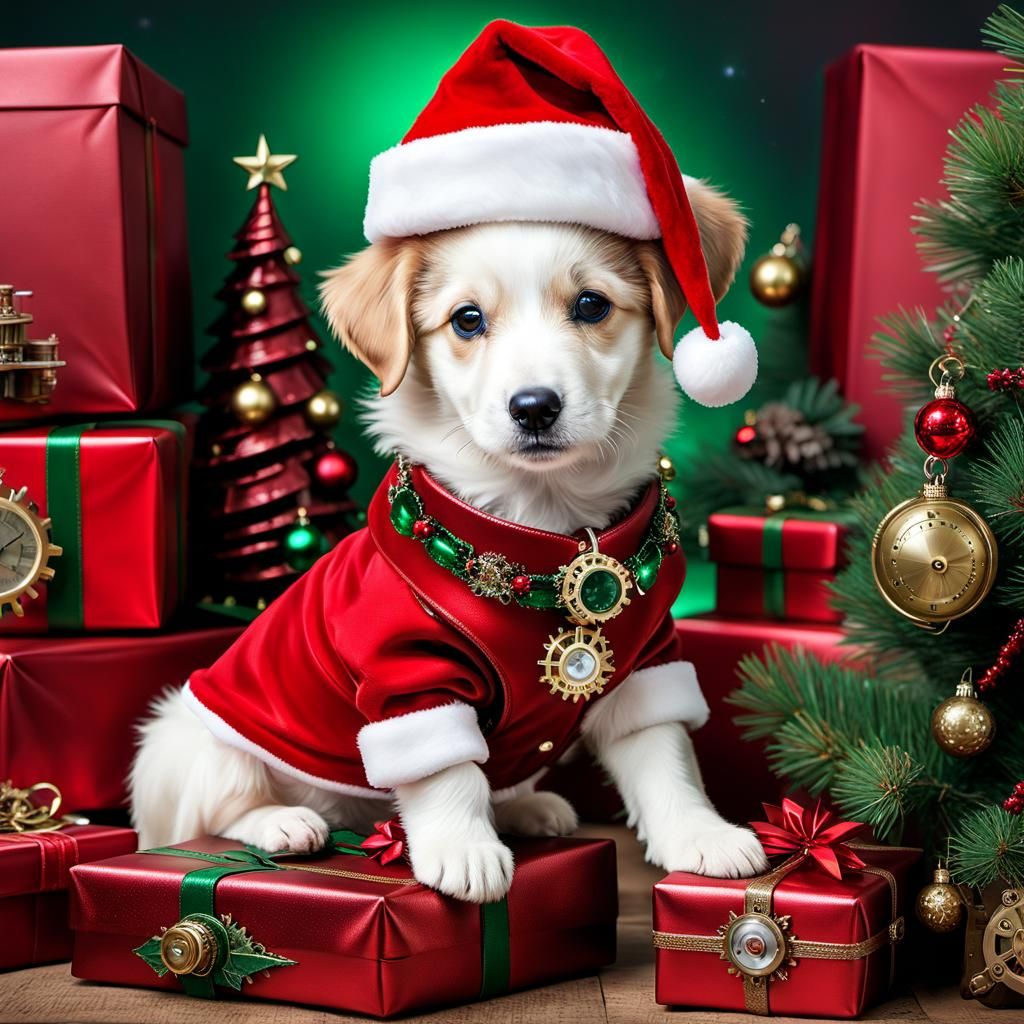 Steampunk Christmas Borzoi Puppy in Candy Art Style