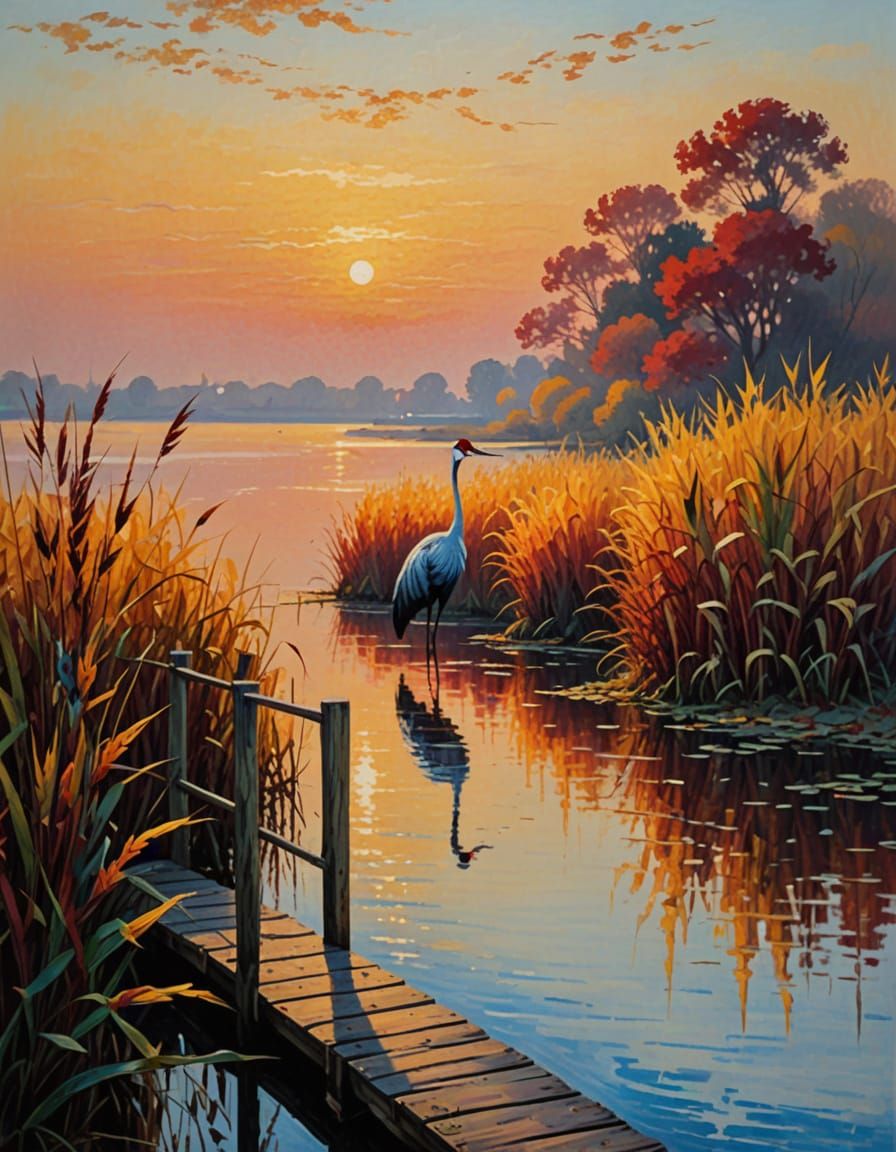 Serene Autumn Sunset: Impressionist Crane and Couple