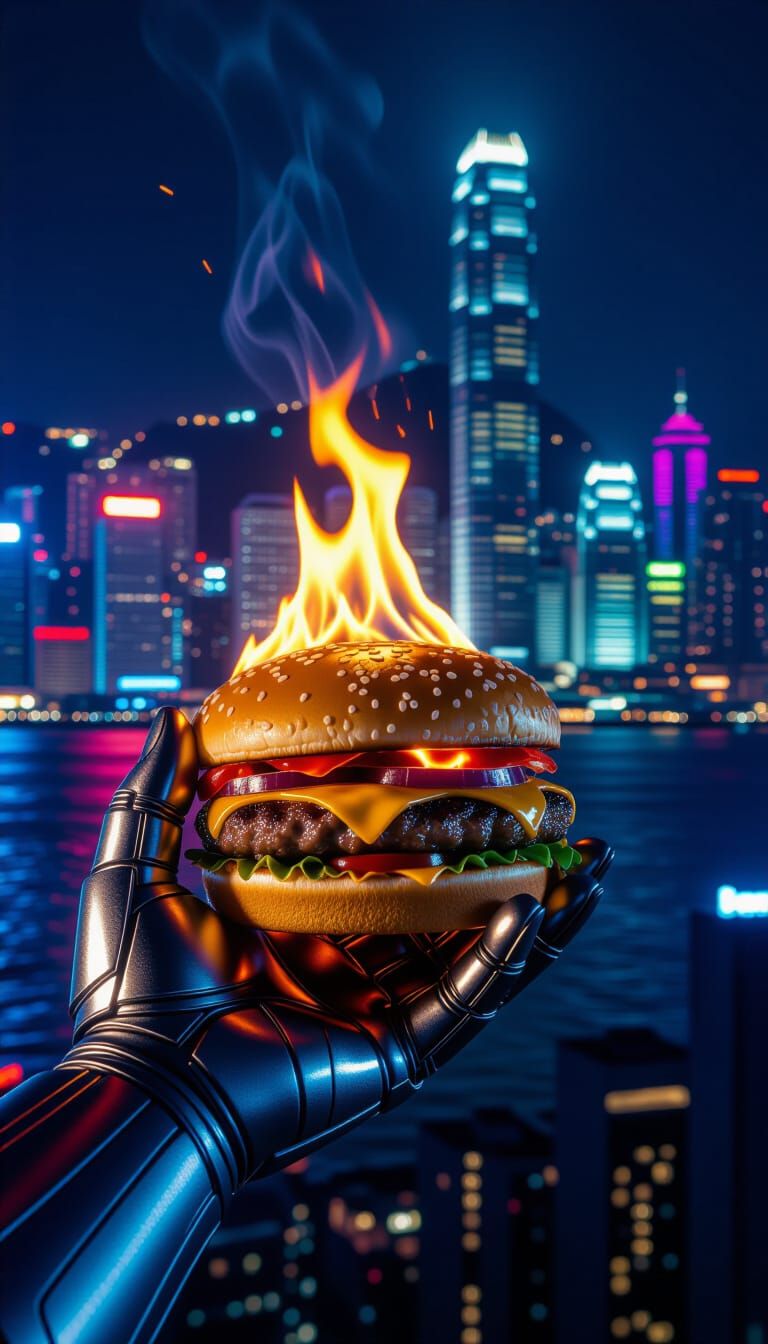 Superhero Holds Burning Burger in Neon Hong Kong