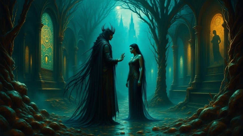 Hekate Meets Shadow Lord in Ominous Landscape