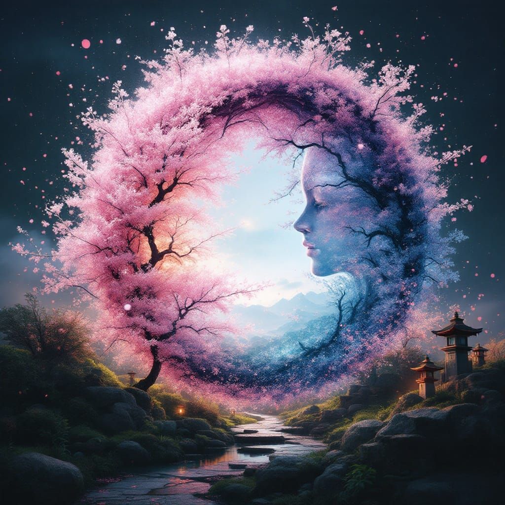 Ethereal Yin Yang Bloom in Japanese Sakura Garden