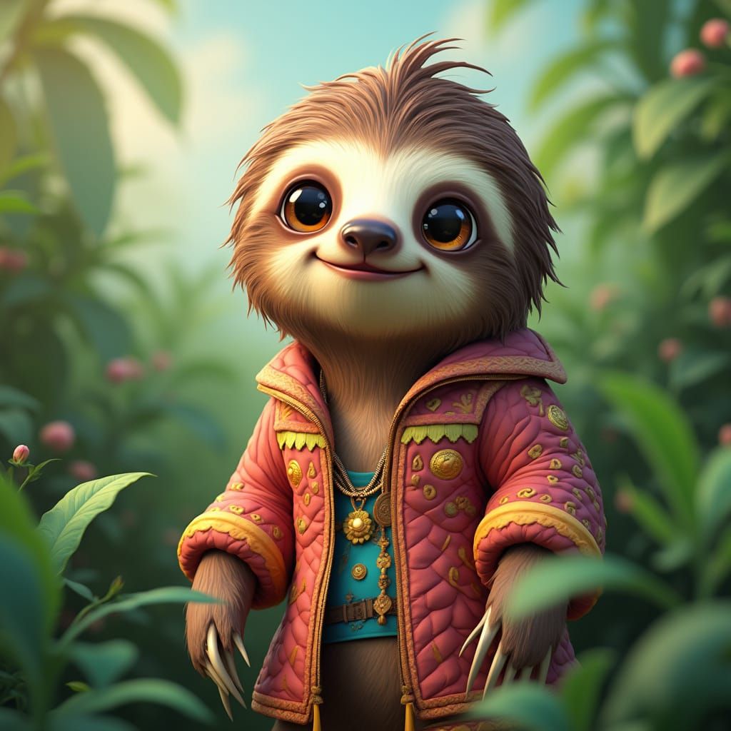 Smiling Sloth in Anime Style with Lush Greenery