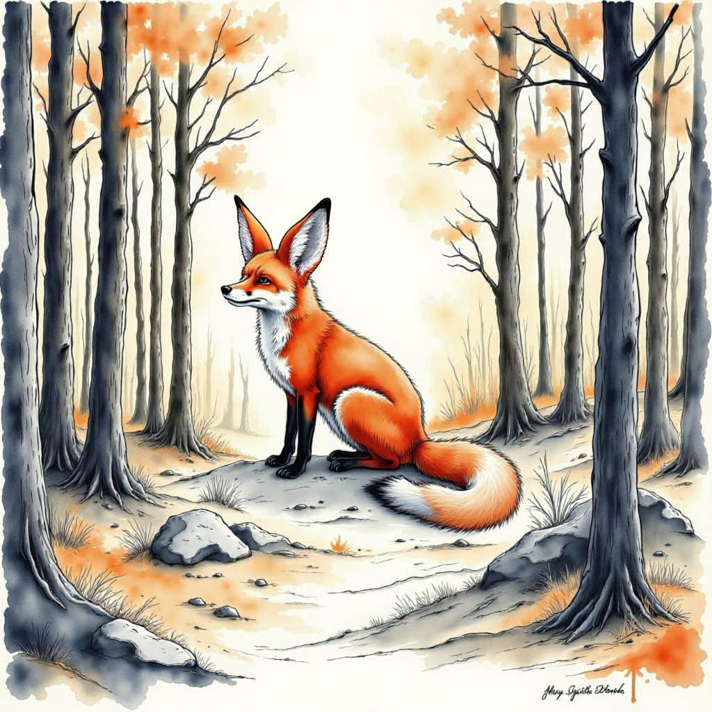 Red Fox in Forest Line Drawing Art