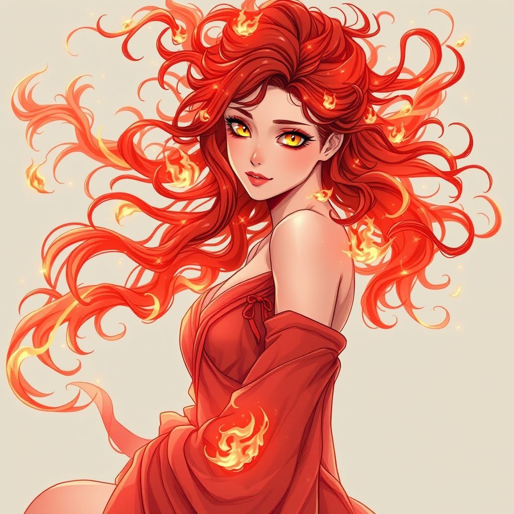 Fiery Red Maiden with Yellow Eyes in Anime-Inspired Aestheti...