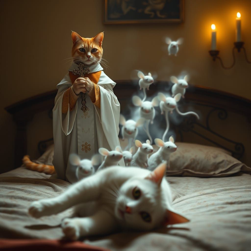 Orange Cat Priest Exorcising Mouse Ghosts