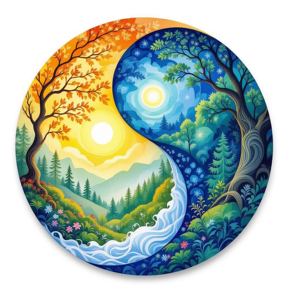 Elegant Yin Yang of Summer and Winter in Watercolor