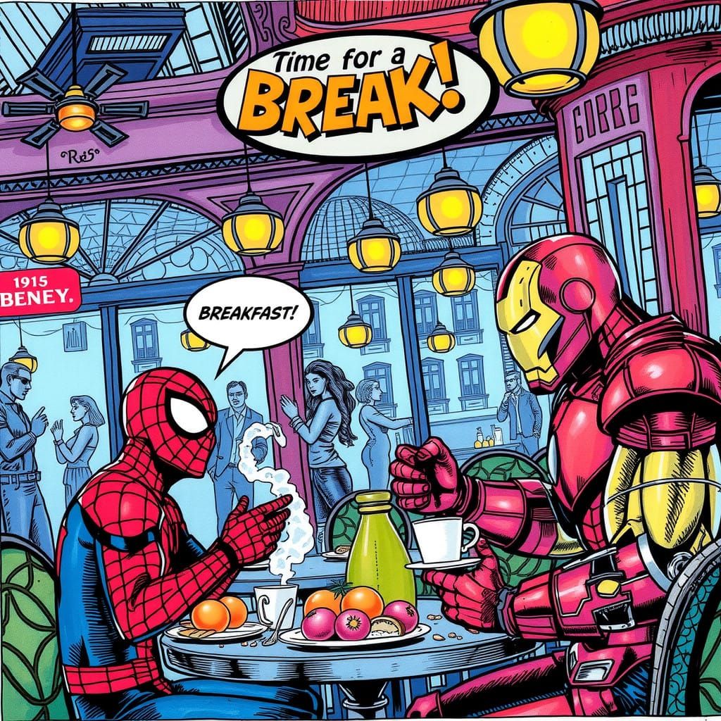 Comic Book Heroes Enjoy Breakfast in a French Art Deco Cafe
