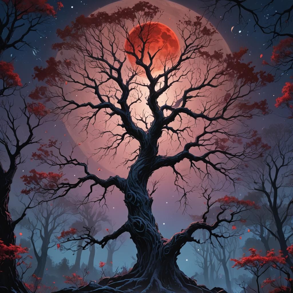 Sentient Tree at Red Moonset: Fantasy Concept Art