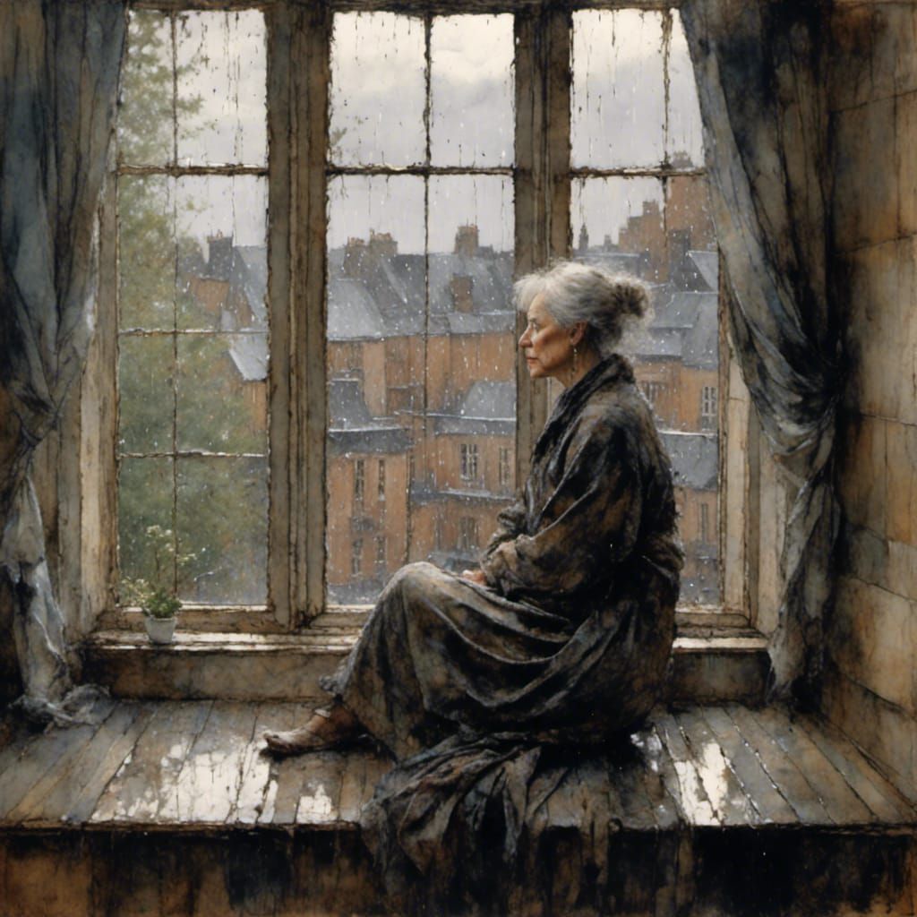 <lora:Brushed charcoal:1.0> old lady sitting on a window sea...