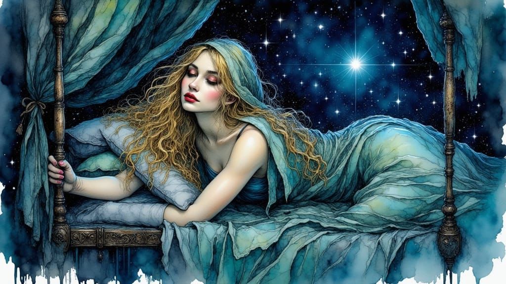 Elf Sorceress in Silk Canopy Bed, Ink Drawing