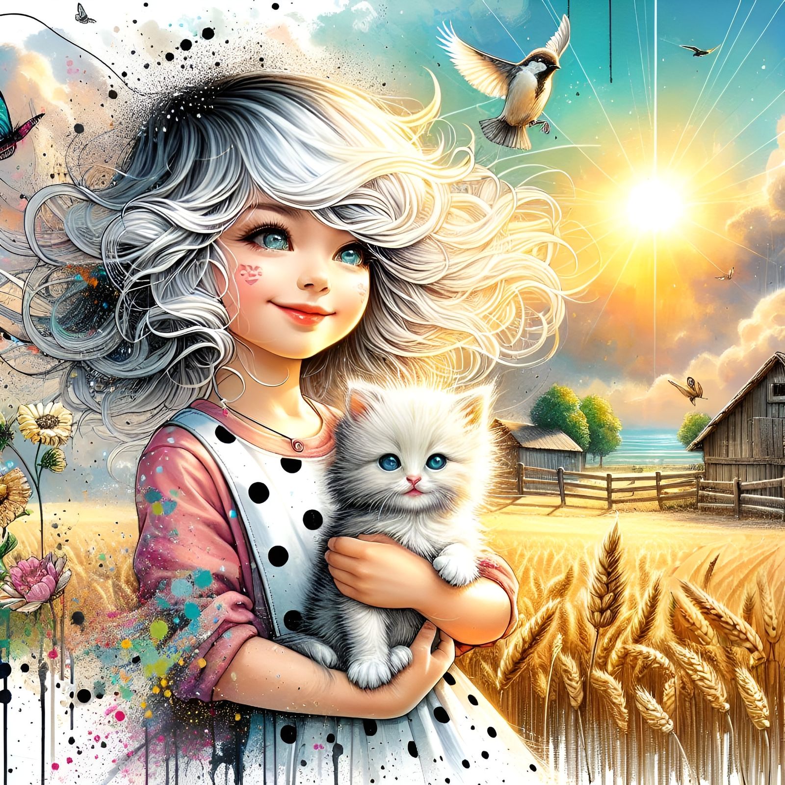 Chibi Kitten and Girl in Wheat Field