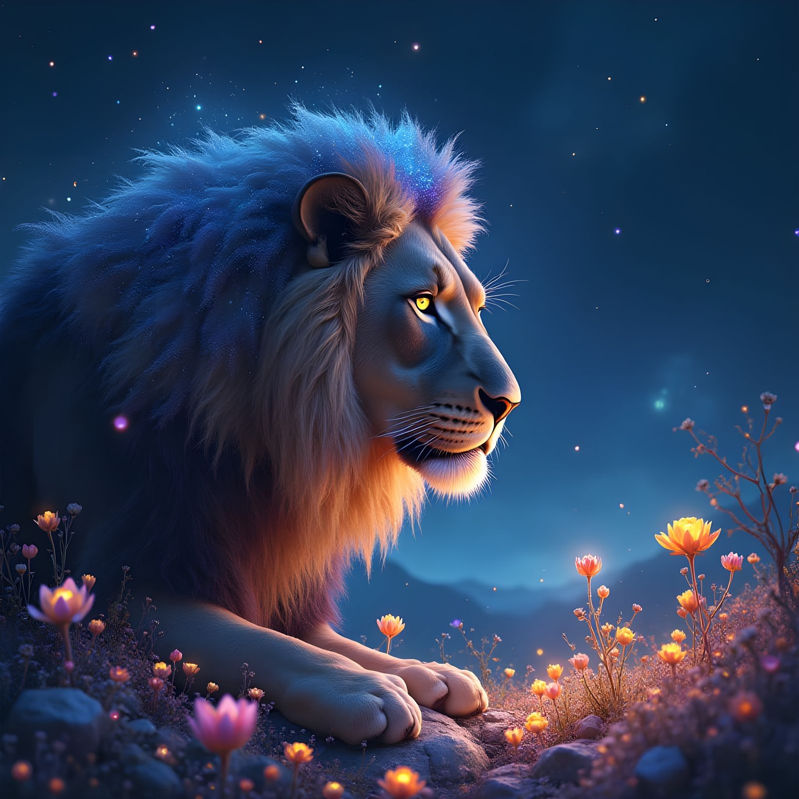 Starlight Lion in Bioluminescent Field: Surreal Fantasy Art