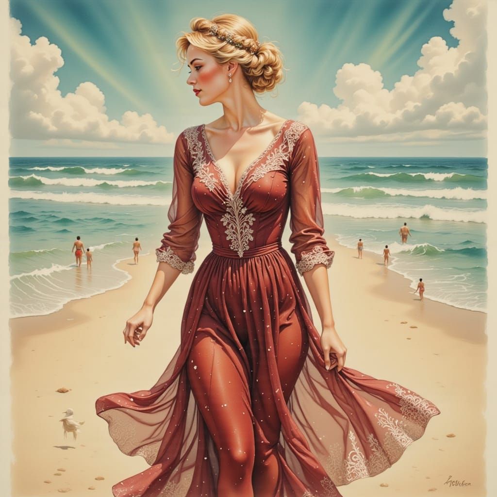 Blonde Woman on Beach in Hyperrealistic Portrait