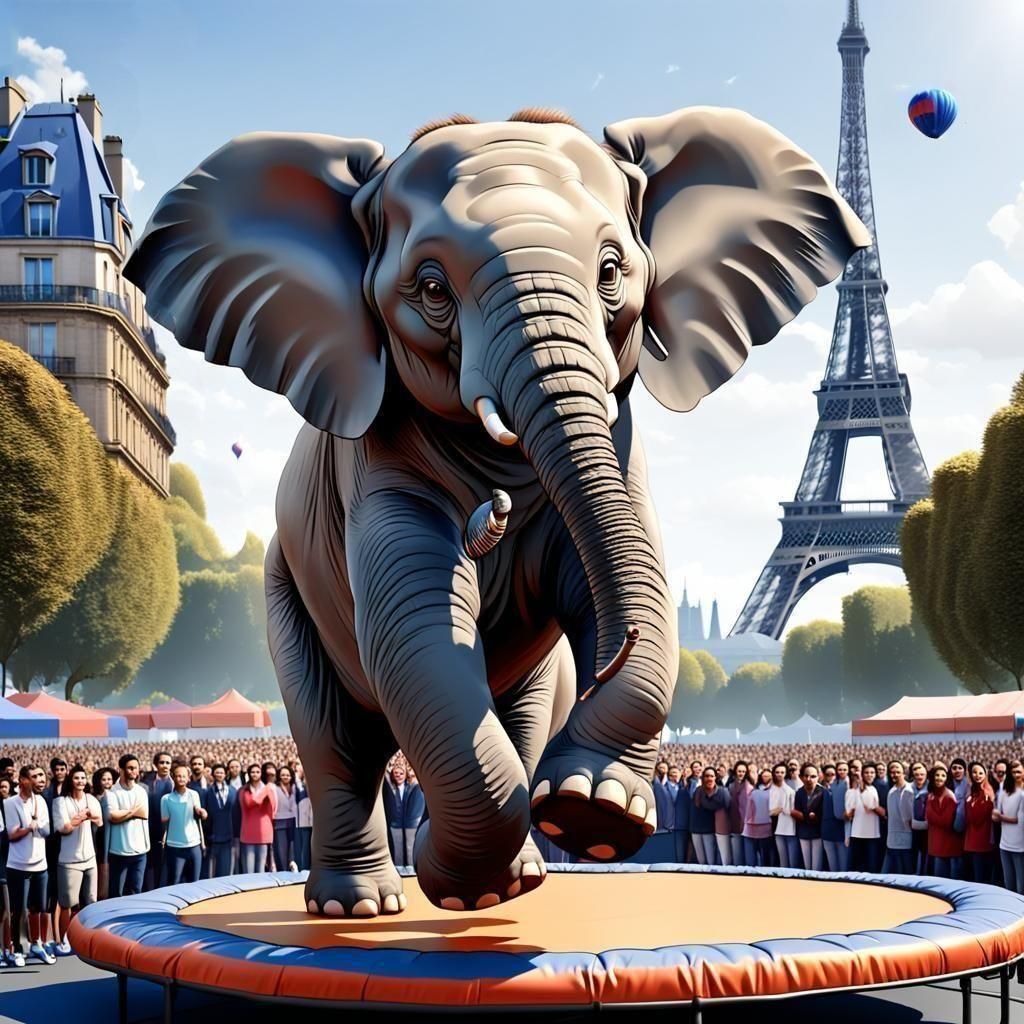 Cartoon Elephant Bouncing on Trampoline in Paris