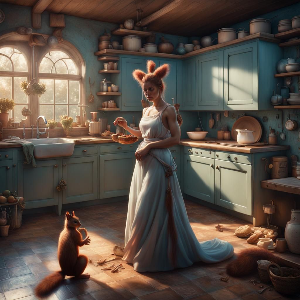 Pastel Beauty Surrounded by Squirrels in Kitchen