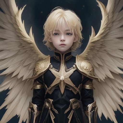 Fallen Angel Child in Cosmic Storm with Gold Armor