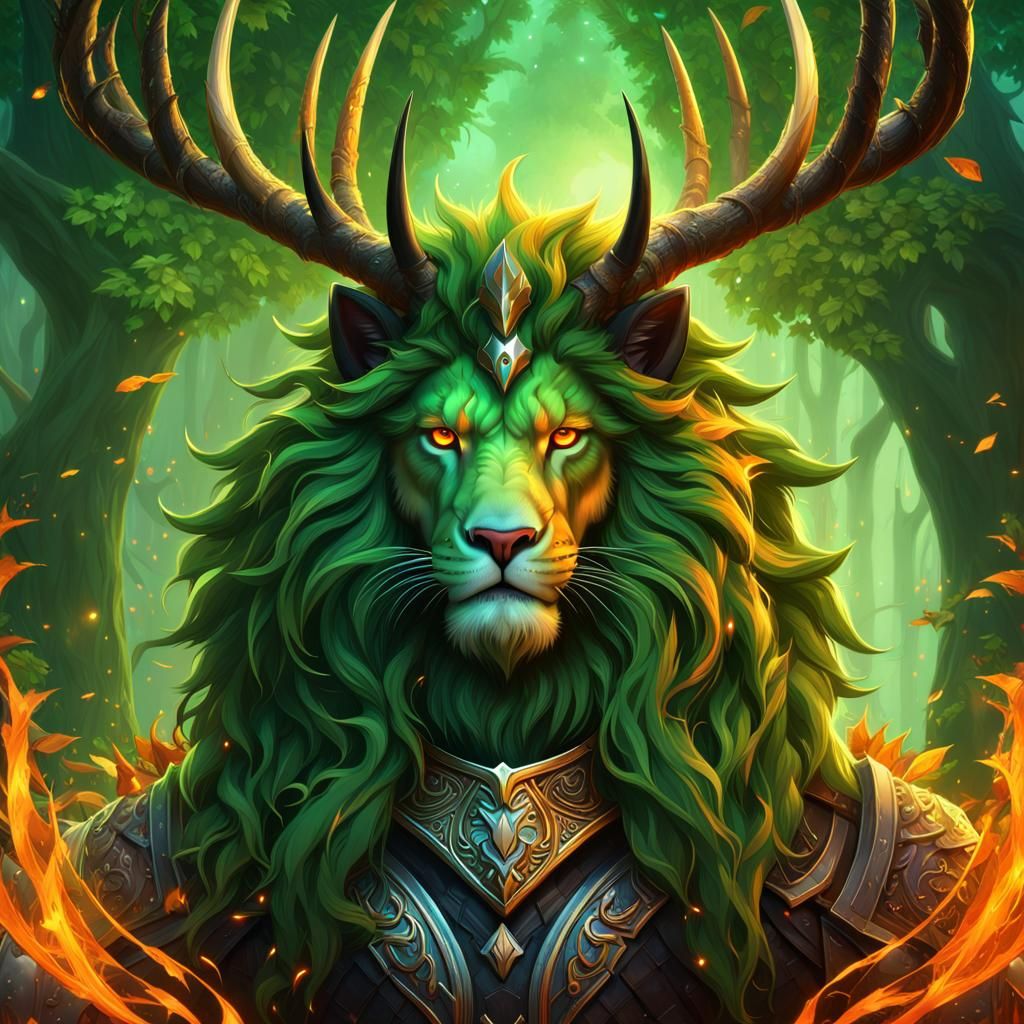 Green Were-Lion Paladin with Deer Antlers