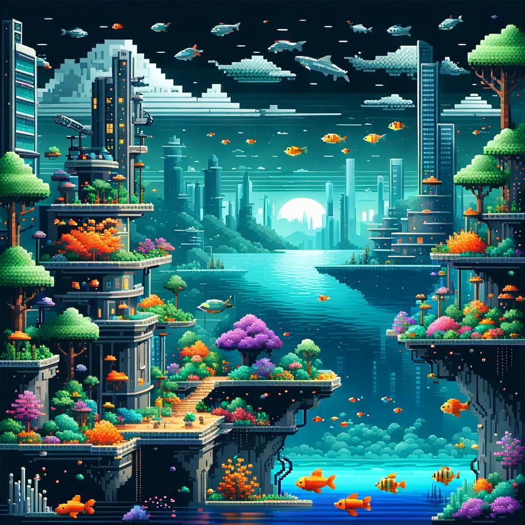 Dreamy Pixel Art Underwater Cityscape