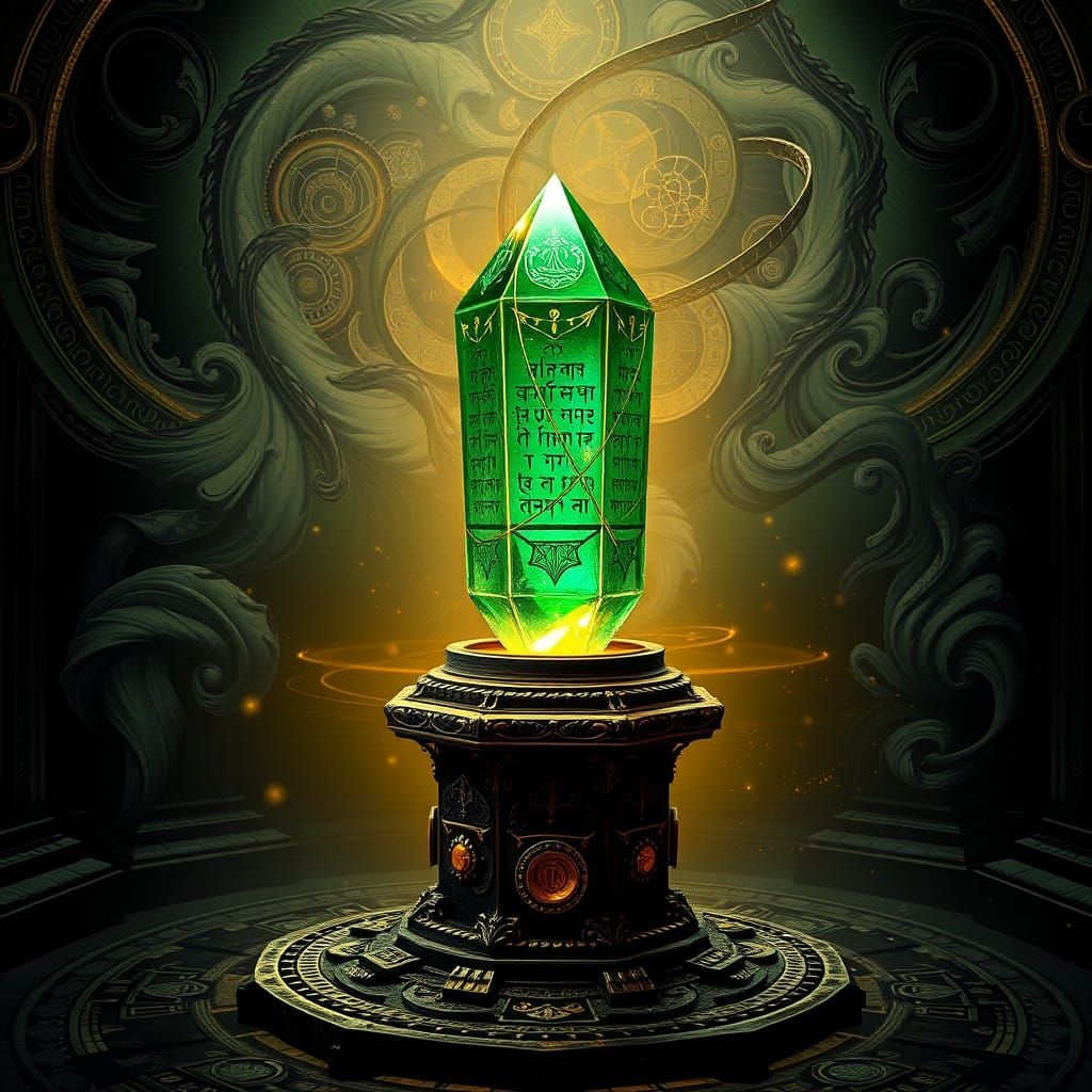 Emerald Crystal Artifact in Mystical Chamber