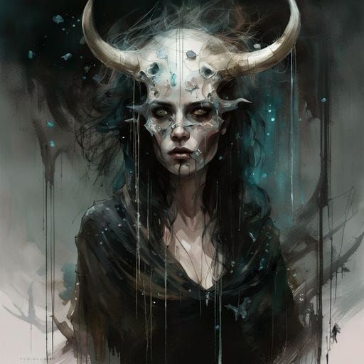 Woman in Bovine Skull Veil, Gothic Art