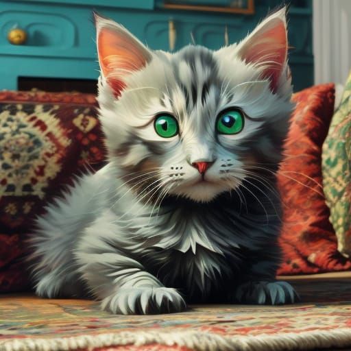 A mother munchkin cat and her kittens are playing on an orie...