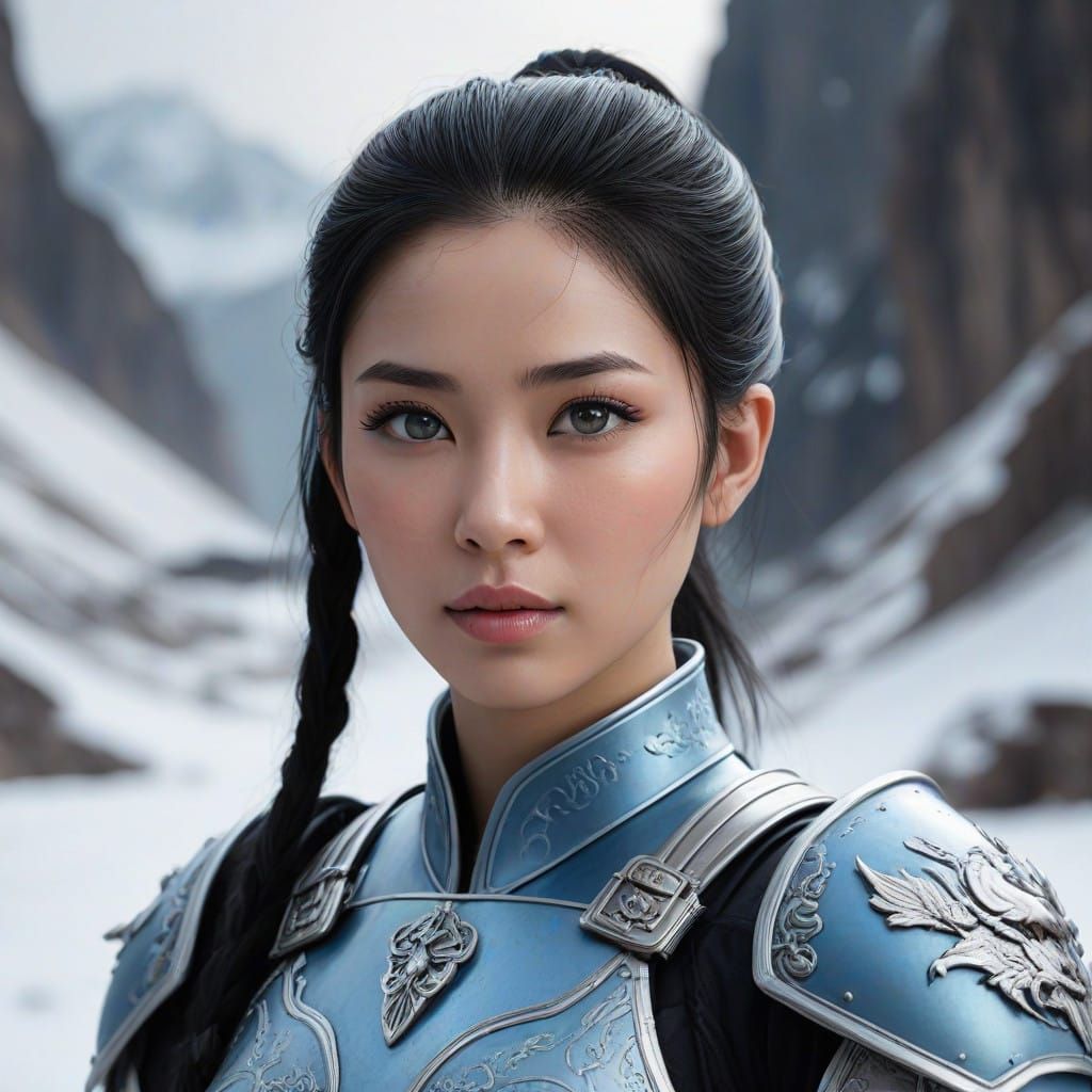 Ethereal Warrior: Oriental Female Soldier in Icy Blue Armor