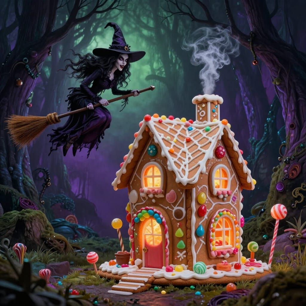 Witch Flies Broomstick Near Candy House in Enchanted Woods