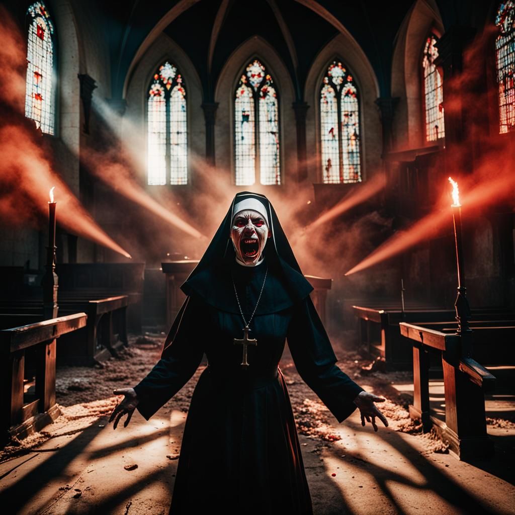 Evil Nun Screaming in Abandoned Church: Cinematic Still