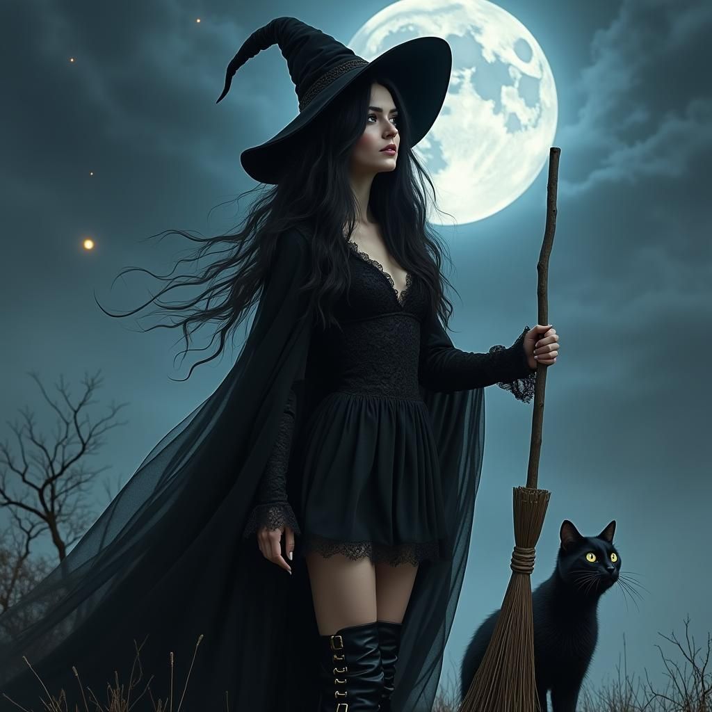 Enchanting Witch with Black Cat in Moonlit Scene