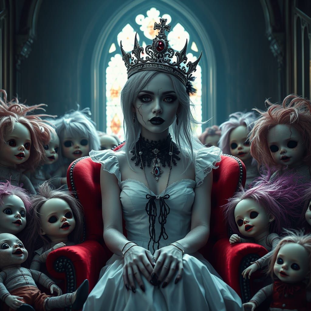 Gothic Woman with Dolls in Chapel, Hyperrealistic Style