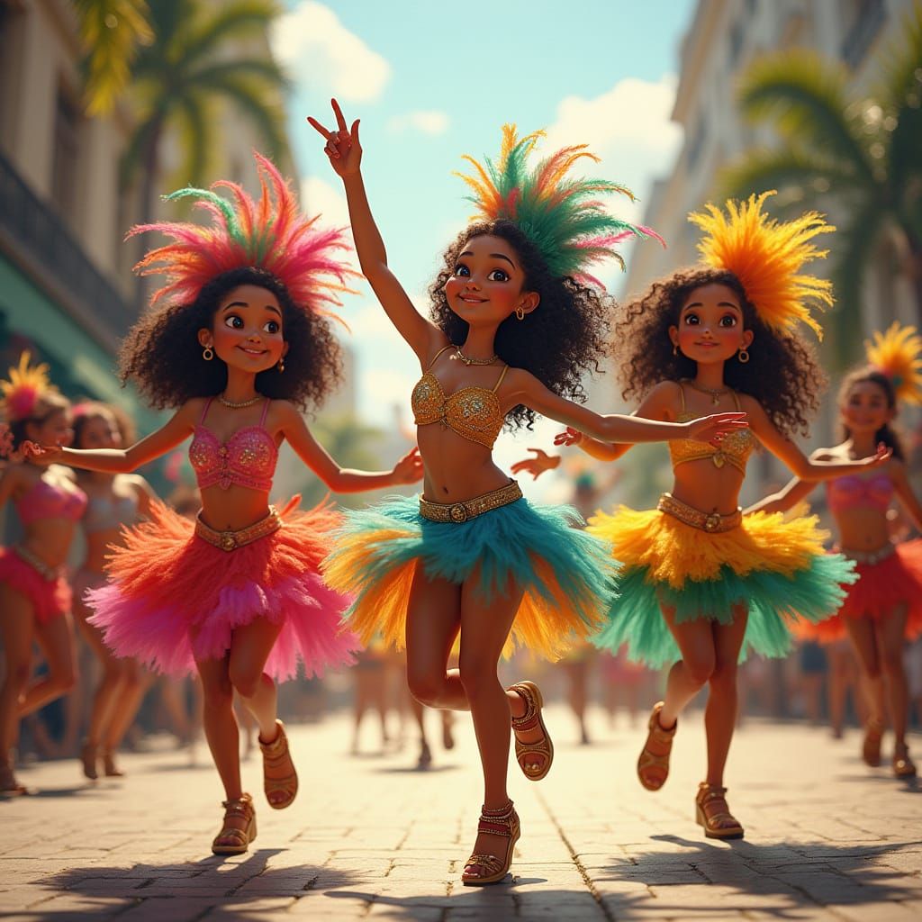 Joyful Diverse Girls Dance in Vibrant Brazilian Carnaval Str...