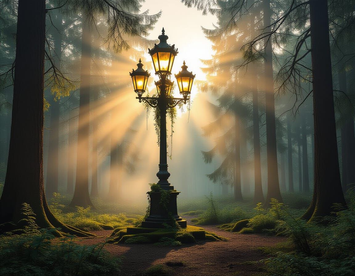 Ancient Streetlamp in Wild Forest Clearing, Hyperrealistic