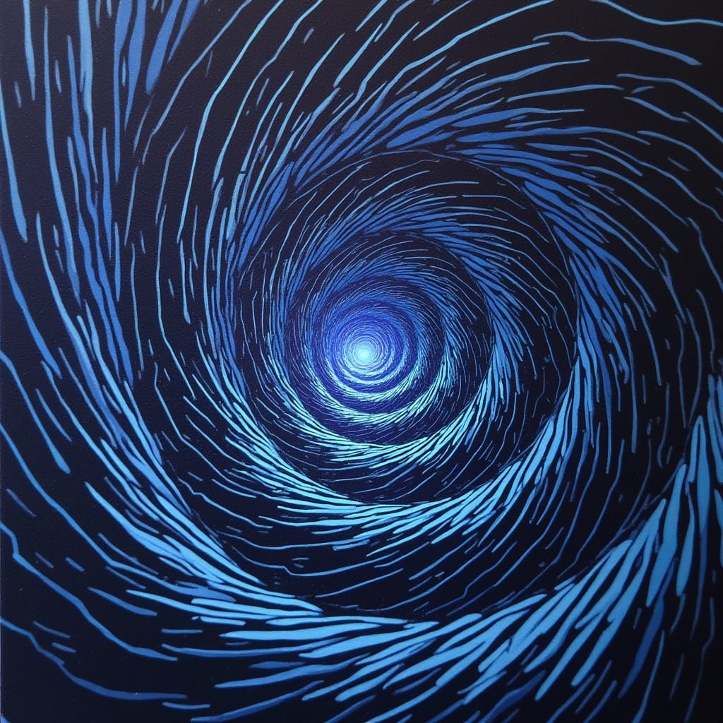 Intricate, Swirling Op Art Spiral in Deep Blues and Purples