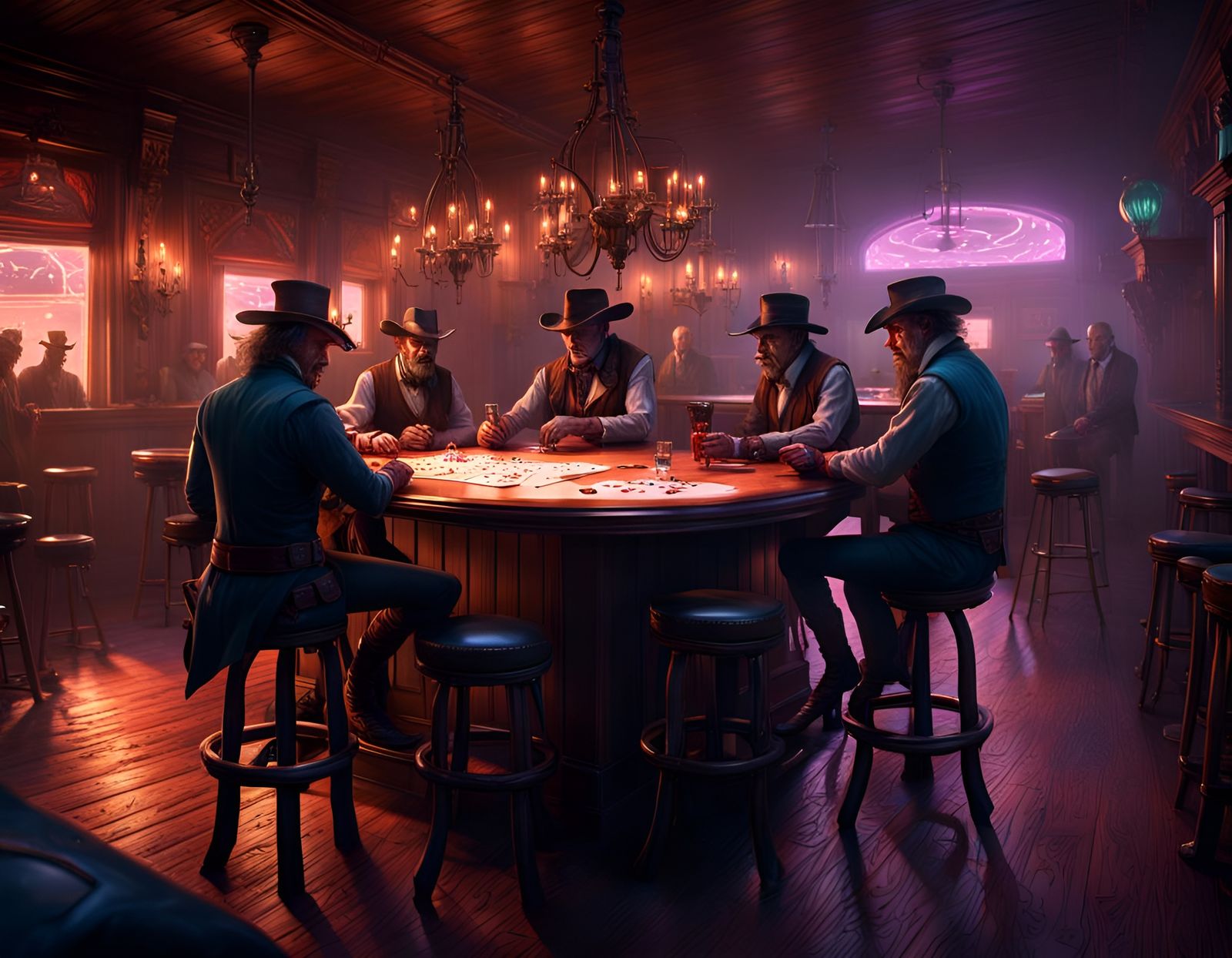 Sinister Western Saloon Card Game in Detailed Matte Painting