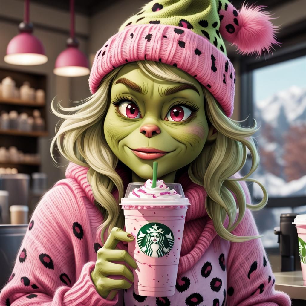 Cartoon Female Grinch with Starbucks Frappuccino