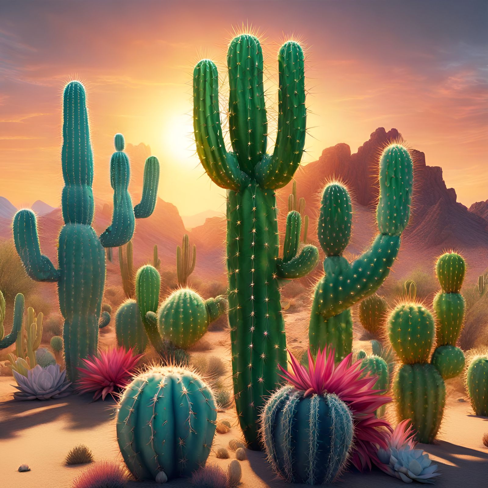 Animated Cacti in Sun-Soaked Desert: Hyperrealistic 8K