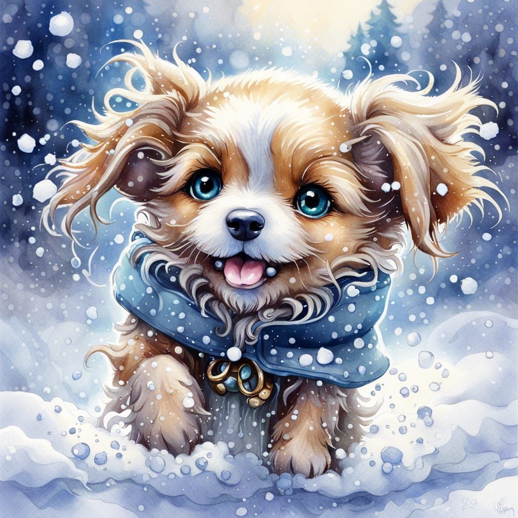 Puppy Playing in Snow: Detailed Watercolor Painting