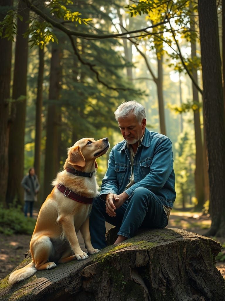 Weathered Man Contemplates in Forest Glade