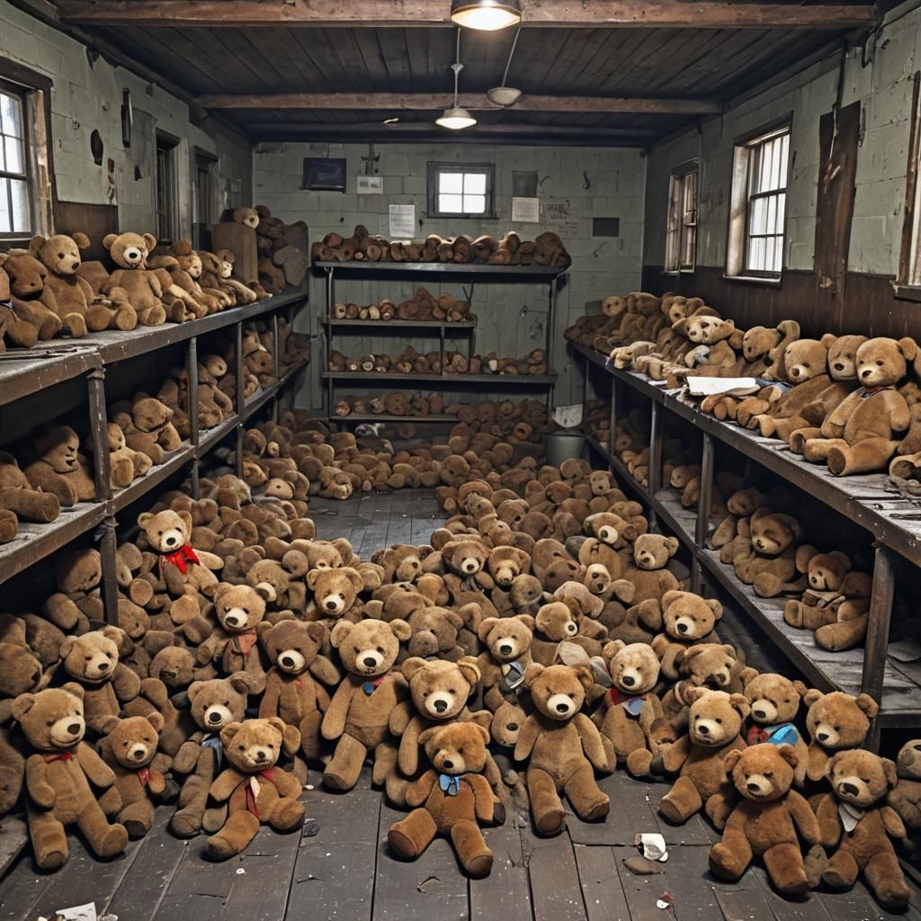 Grim Bunkhouse Scene with Teddy Bears