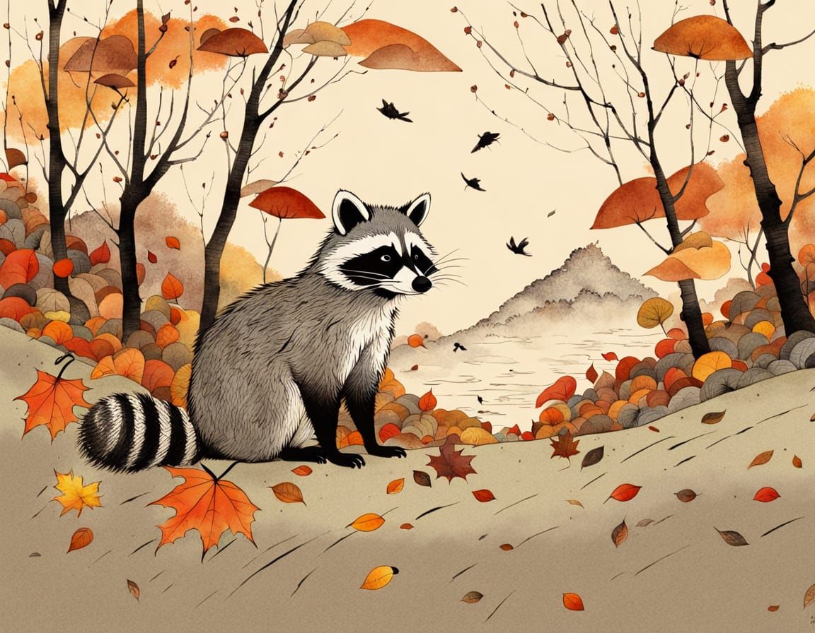 Adorable Raccoon in Minimalist Autumn Ukiyo-e Landscape