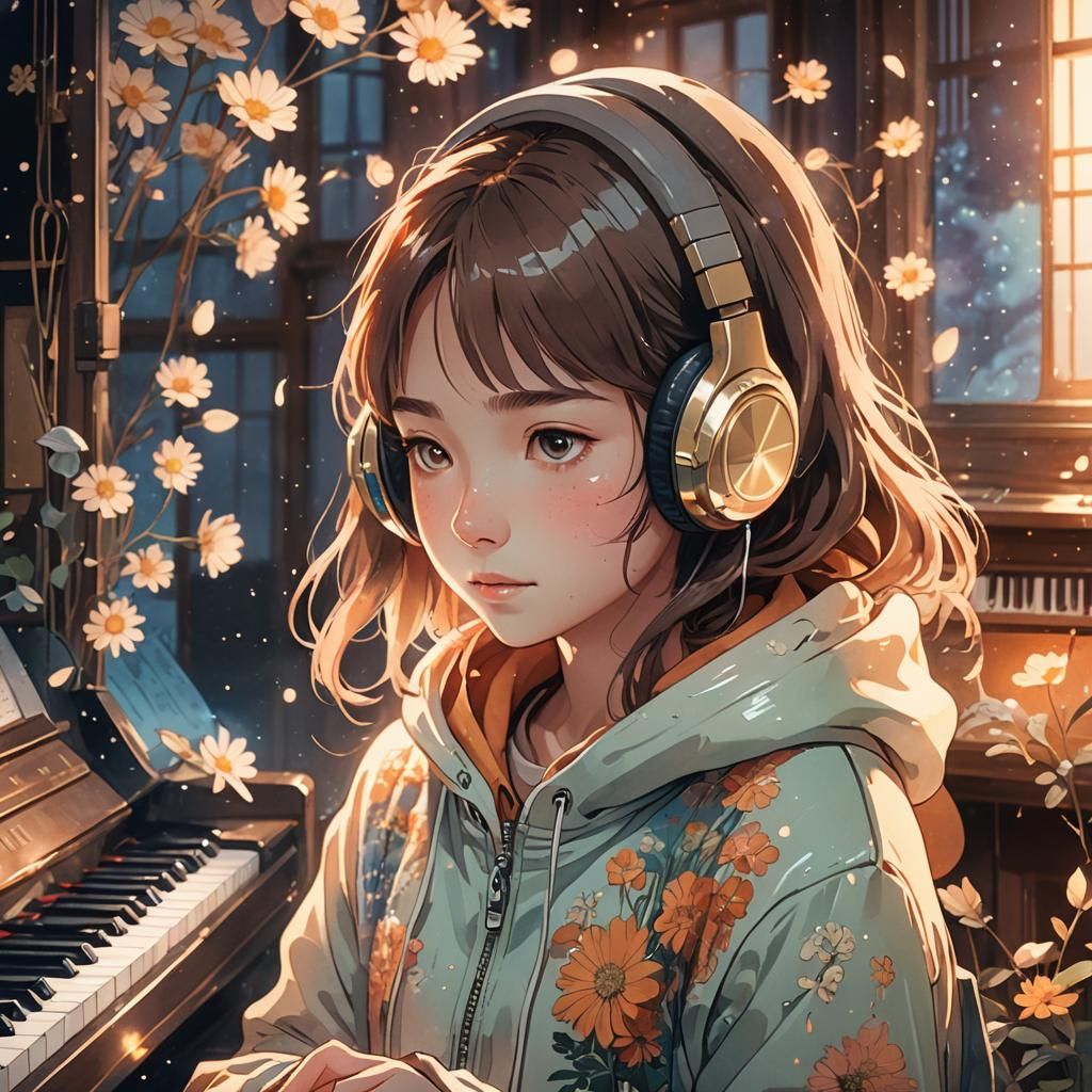 Girl with Glowing Piano Keys in Studio Ghibli Style