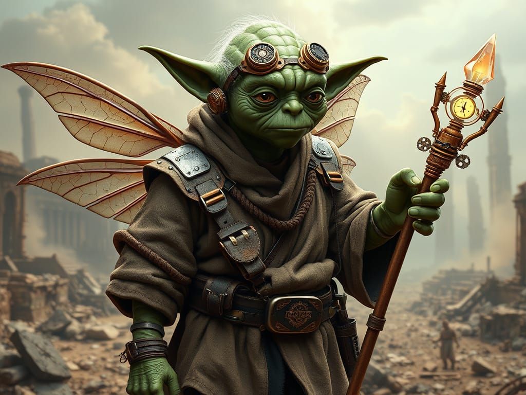 Steampunk Yoda as Mechanical Shaman in Post-Apocalyptic Scen...