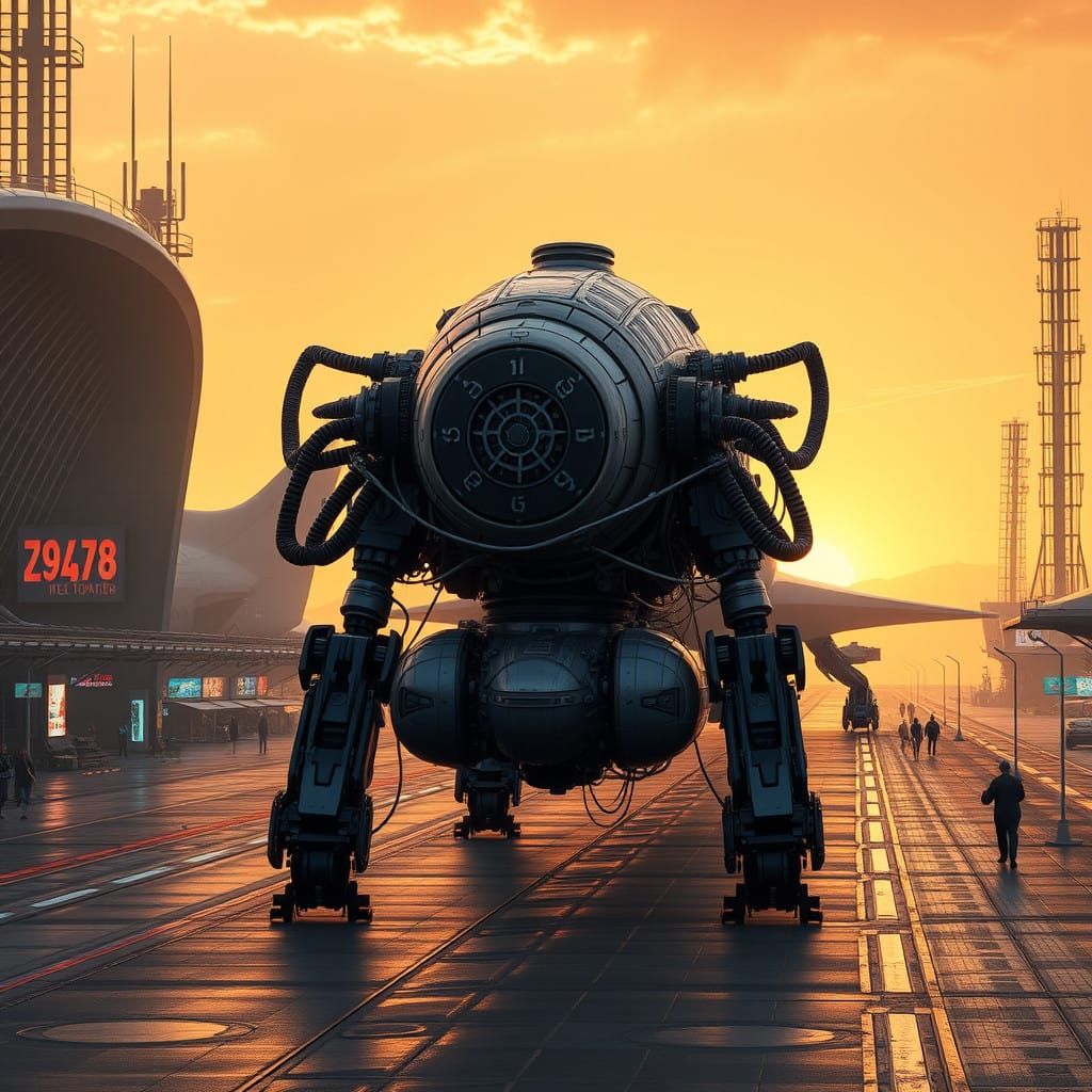 Robotic Maintenance Unit on Futuristic Starport Tarmac