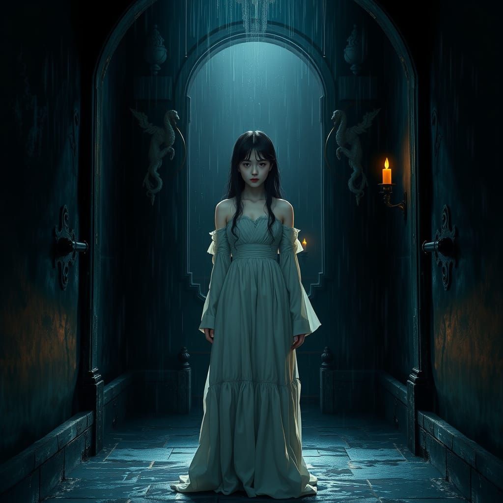 Ethereal Japanese Girl in Castle Hallway, Hyperrealistic Sty...
