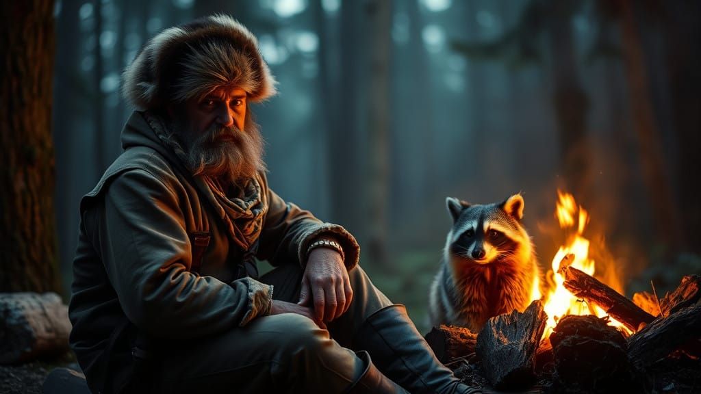 Frontiersman in Earthy Tones Sits by Campfire