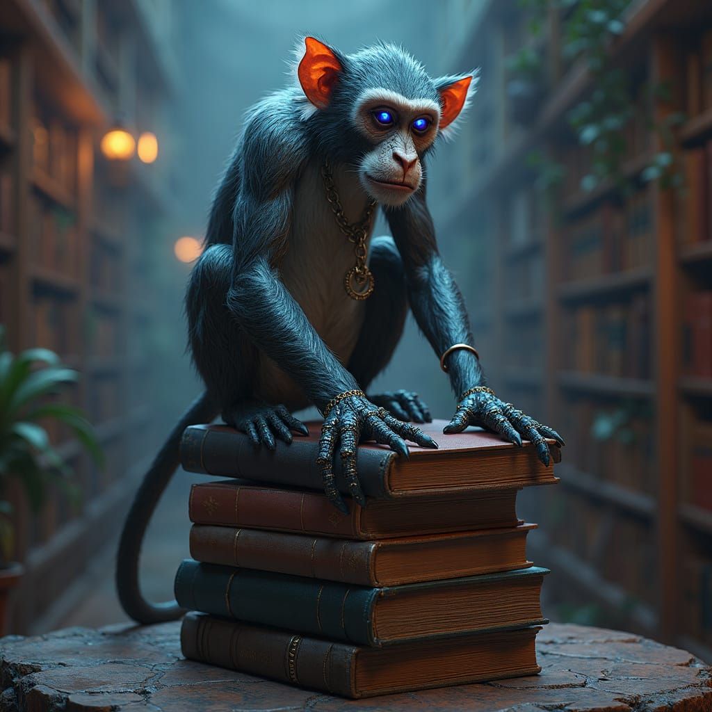 Cyborg Monkey in Gothic Library: Matte Painting
