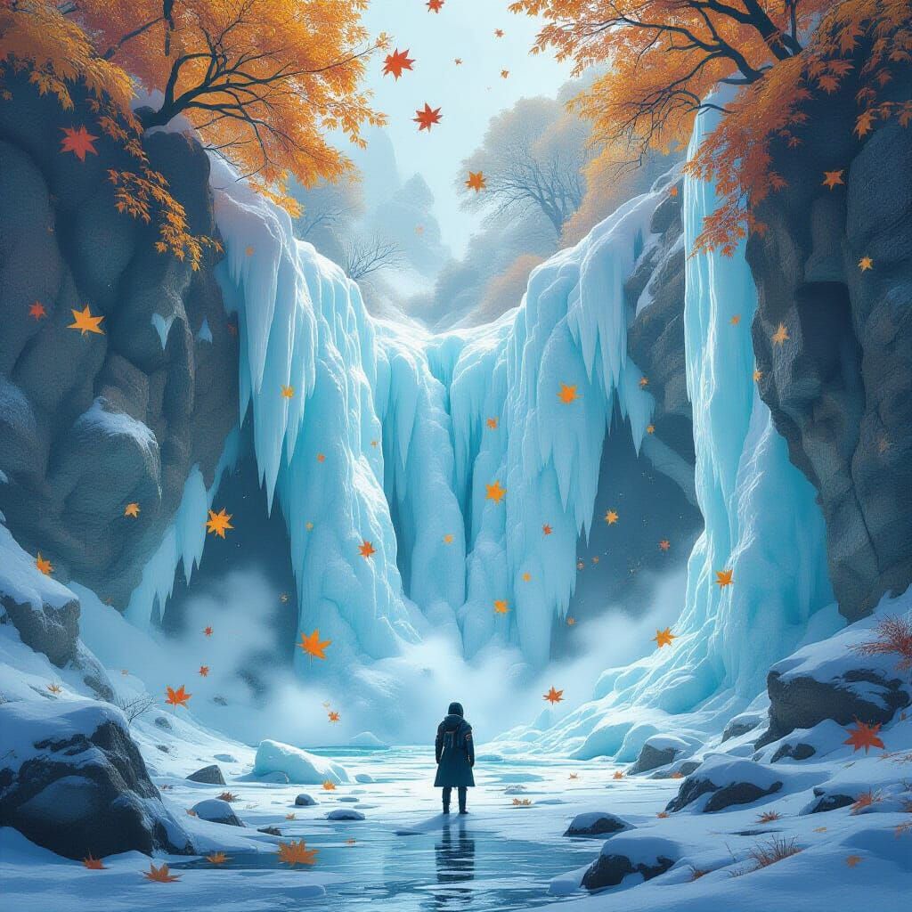 Surreal Sci-Fi Landscape with Crystalline Leaves and Robot