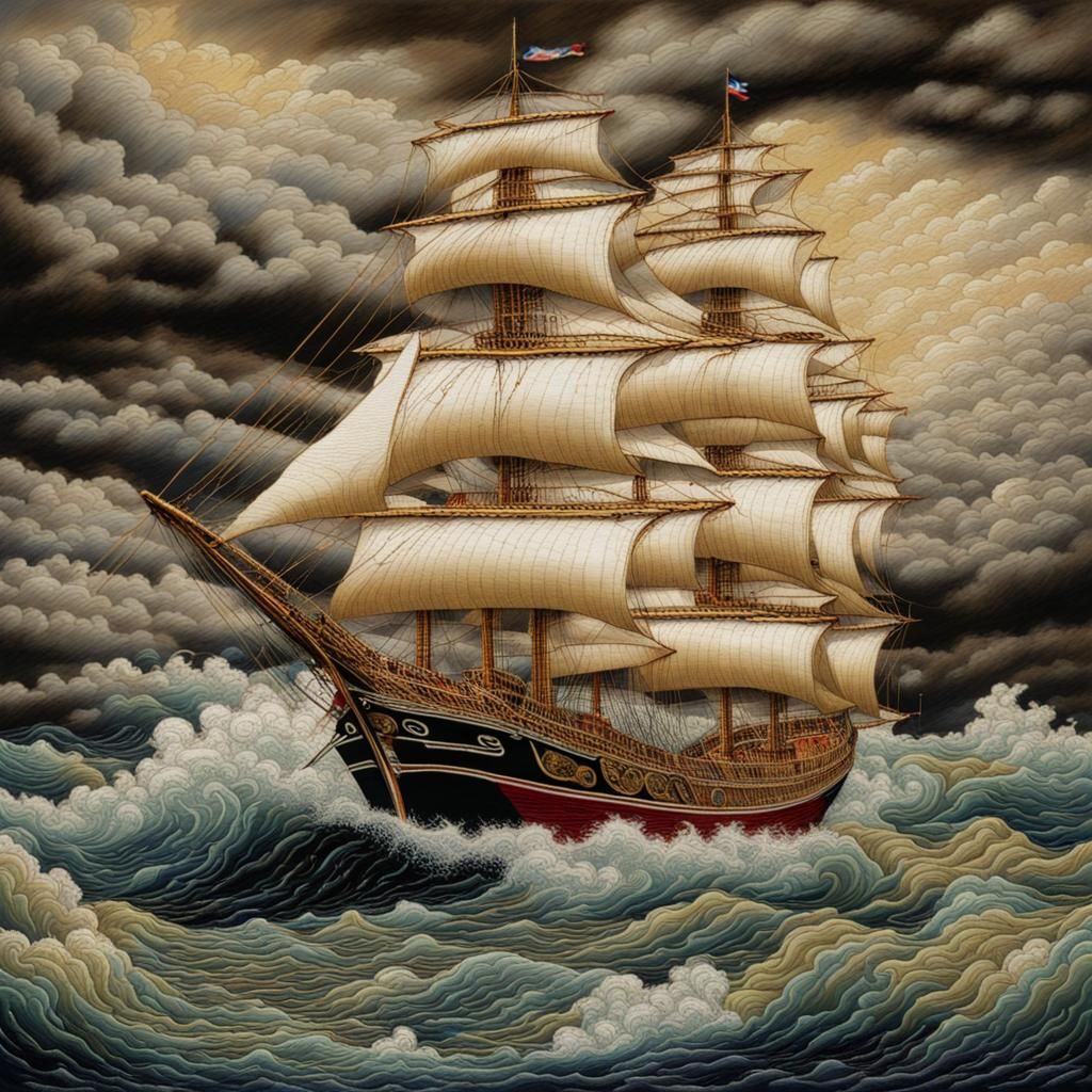 Sailing Ship on Stormy Seas Embroidery
