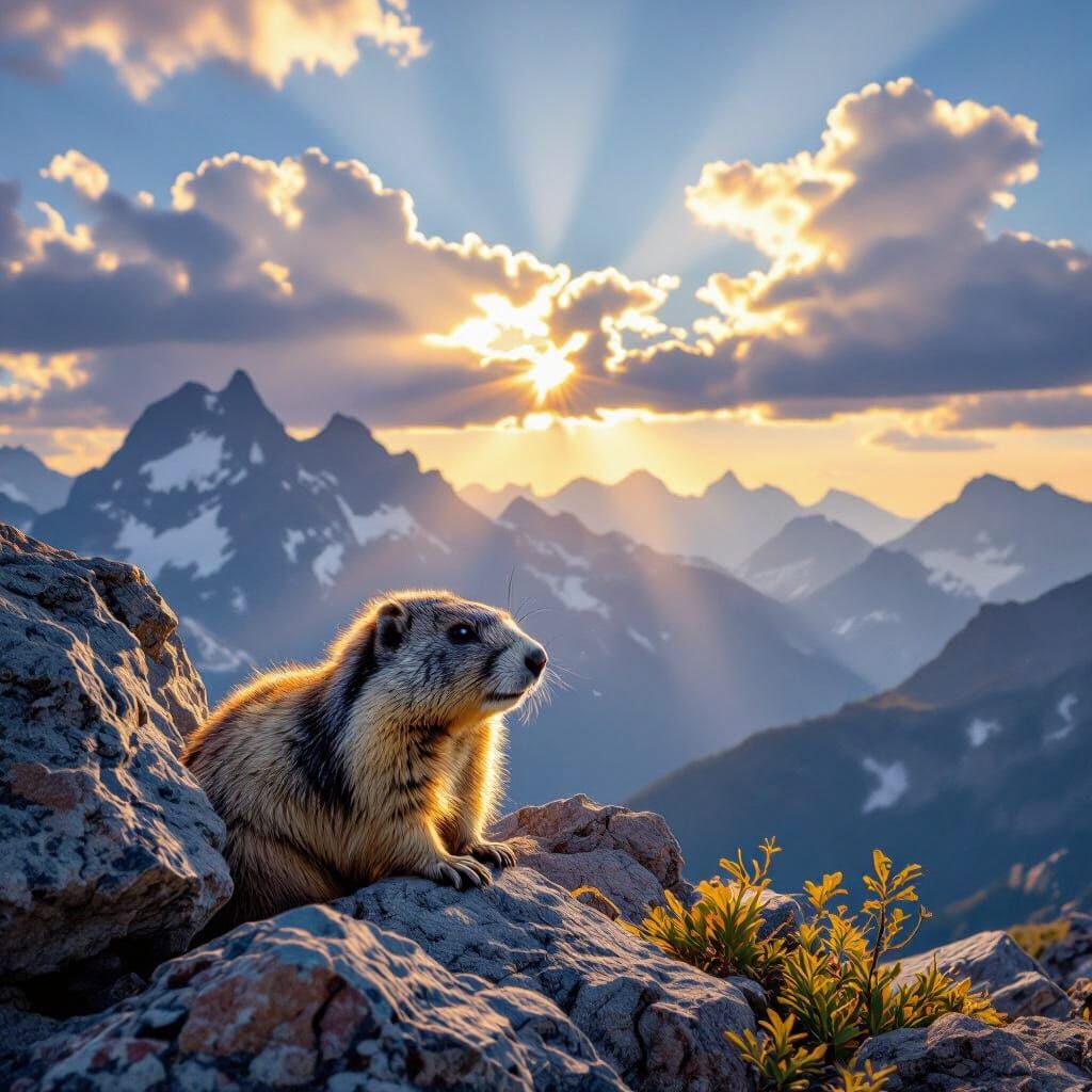 Fluffy Marmot in Majestic Mountains at Golden Hour